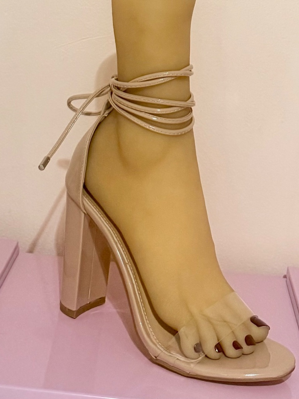 DBDK Fashion Nude Sandal W/Clear Vinyl Toe Strap Long Laces Wrap Around Ankle
